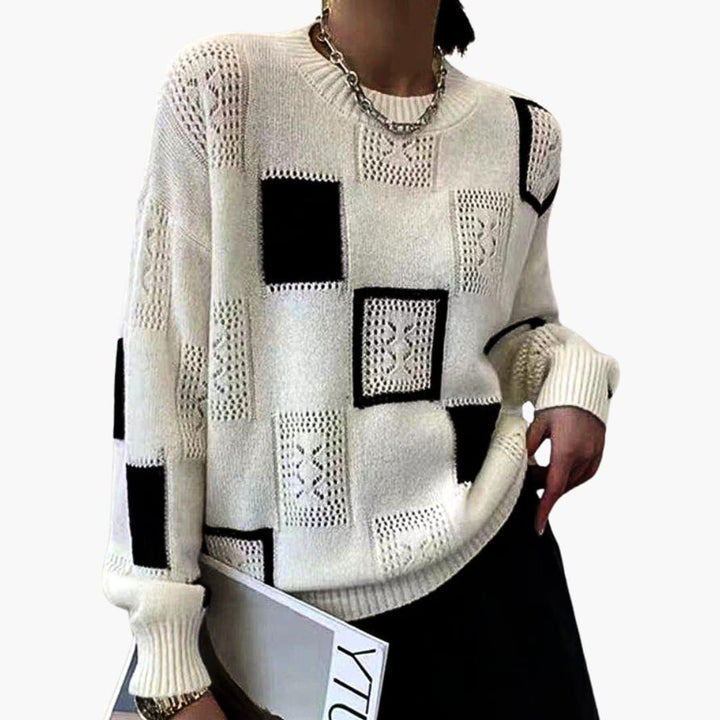 Women’s Patchwork Knit Sweater with Long Sleeves and Pullover Style