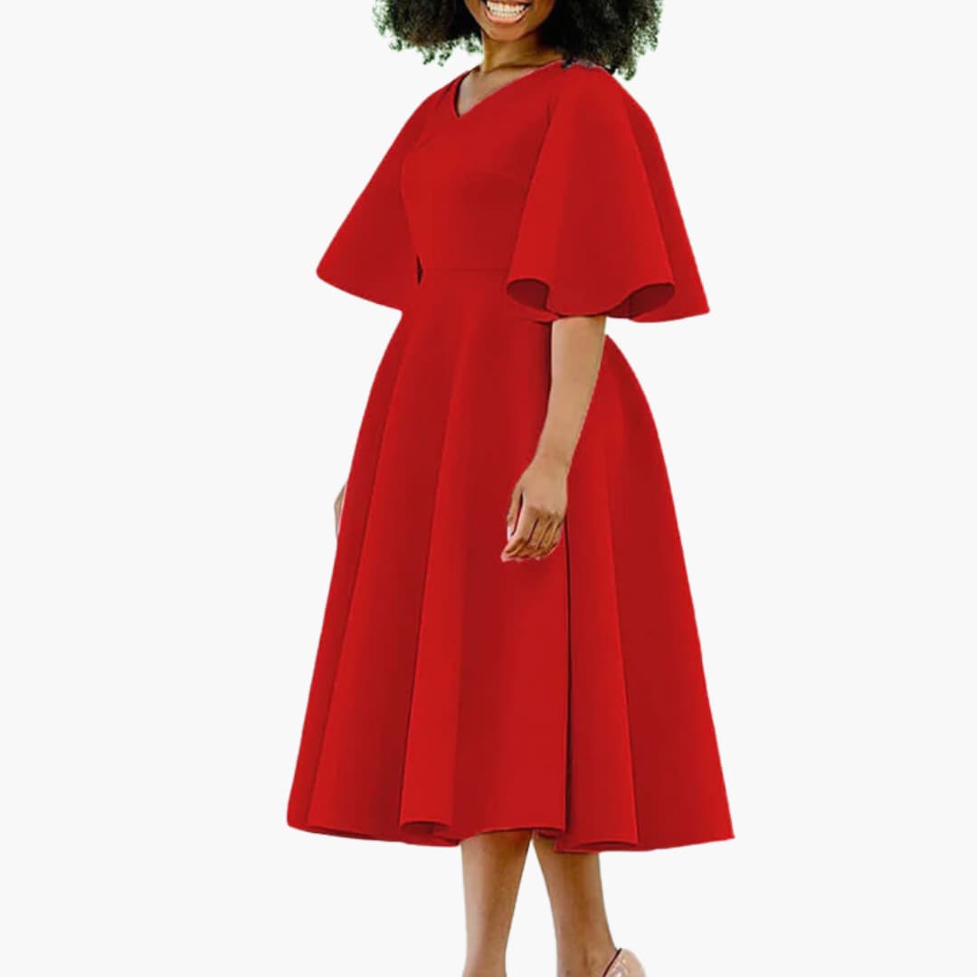 Women’s Midi Dress with V-Neckline and Flutter Sleeves