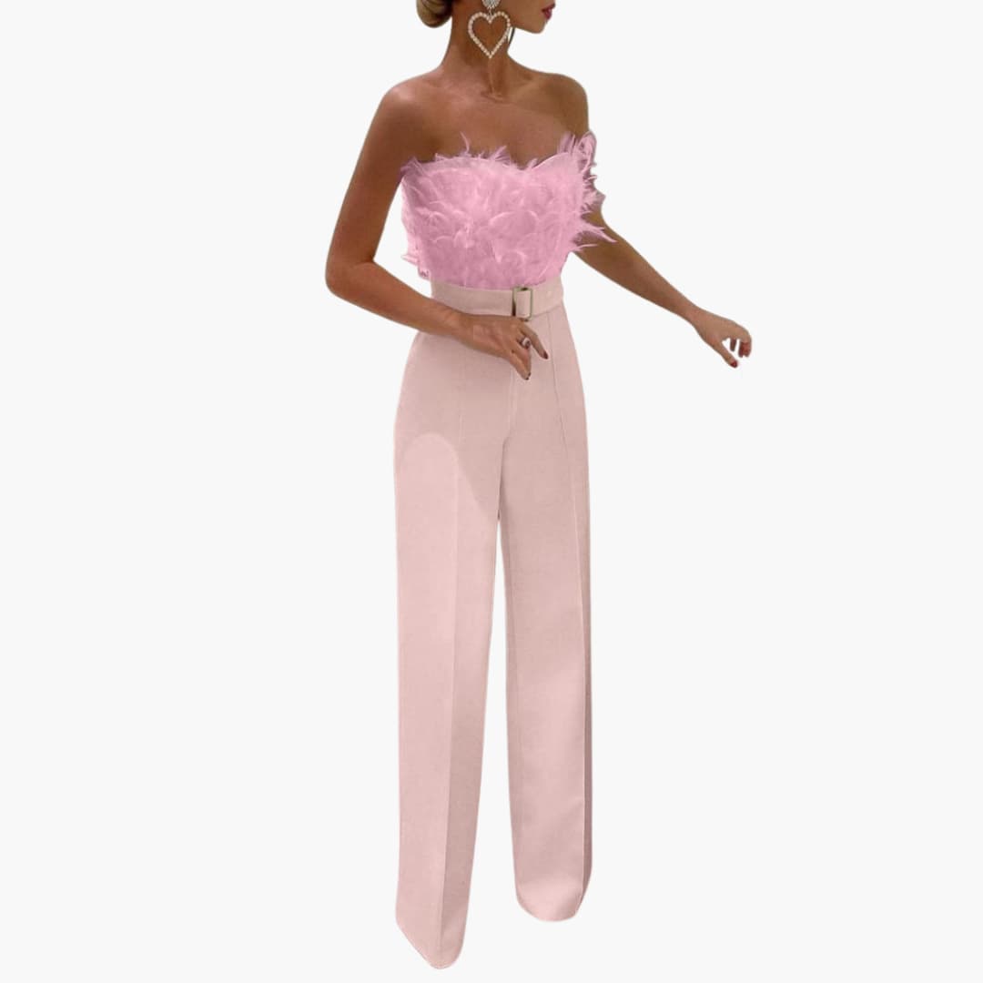 Women’s Strapless Jumpsuit with Feather Top and Wide Legs
