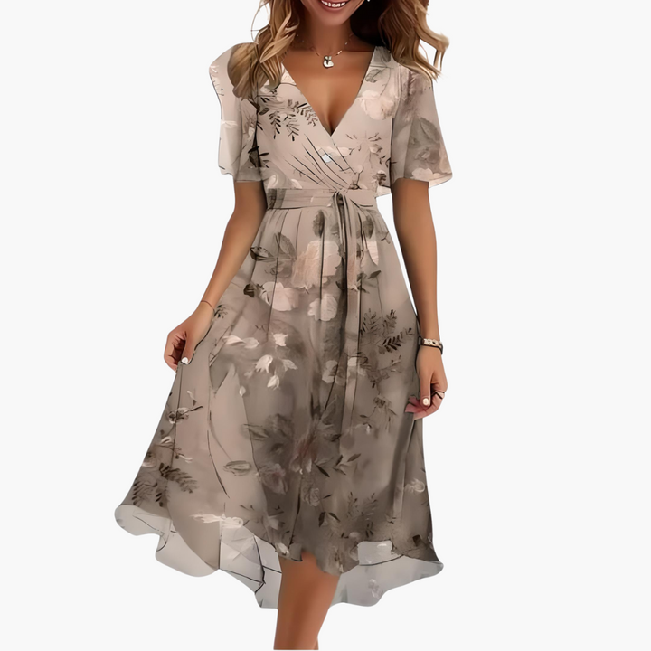 Women’s Midi Dress with V-Neckline and Flutter Sleeves