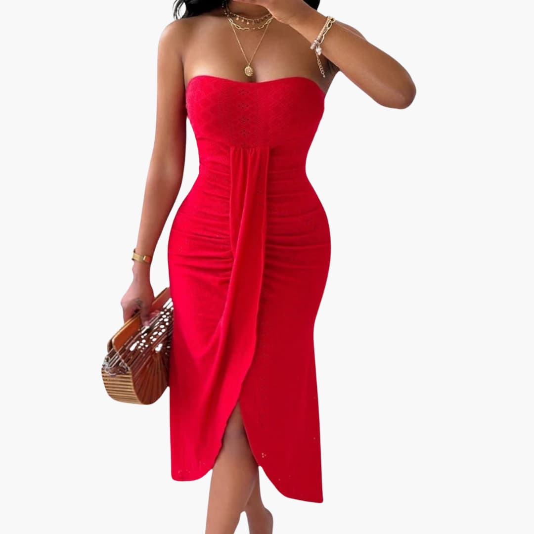 Women’s Strapless Midi Dress with Front Slit and Embroidery