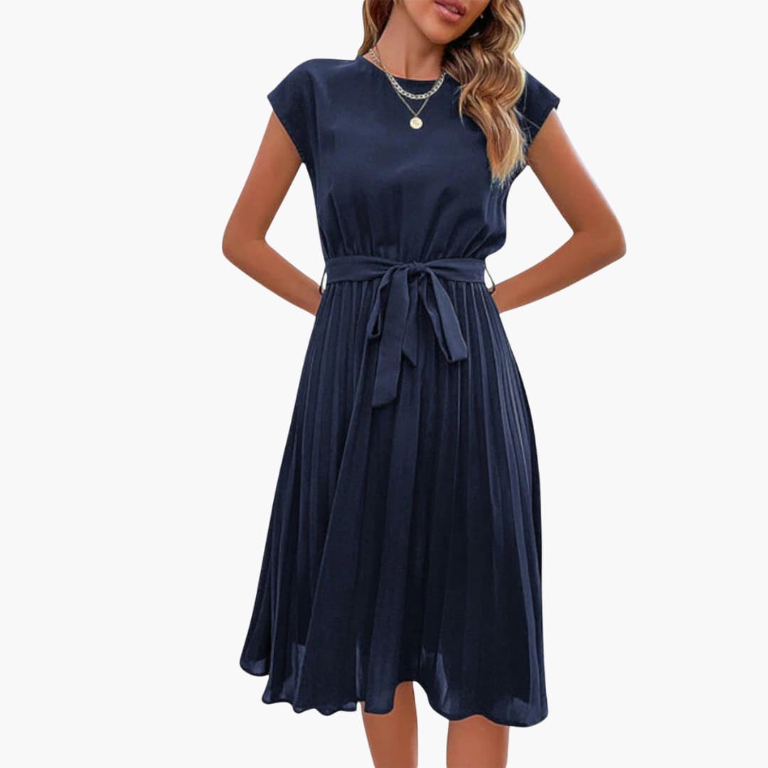 Women’s Casual Midi Dress with Pleated Skirt and Tie Waist