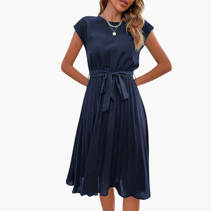 Women’s Casual Midi Dress with Pleated Skirt and Tie Waist