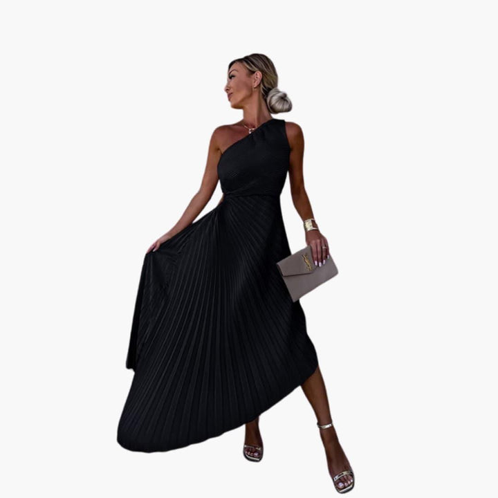 Women’s Asymmetrical Cocktail Dress with One-Shoulder Cut and Pleated Design