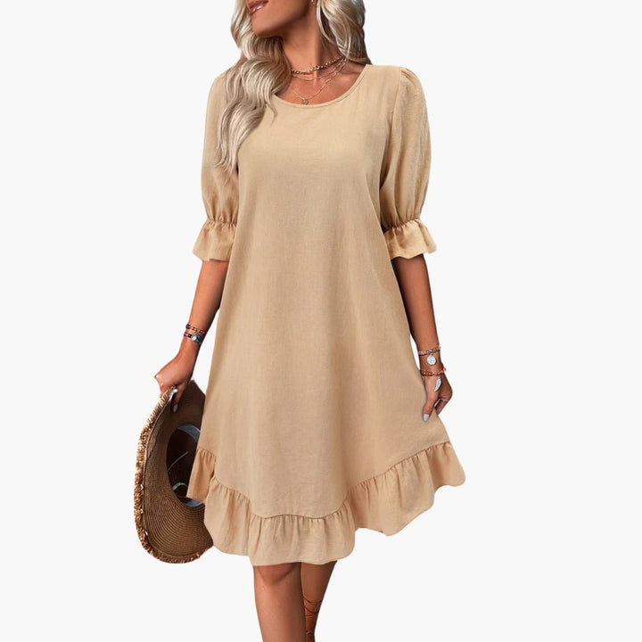 Women’s Midi Dress with Puff Sleeves and Ruffle Hem