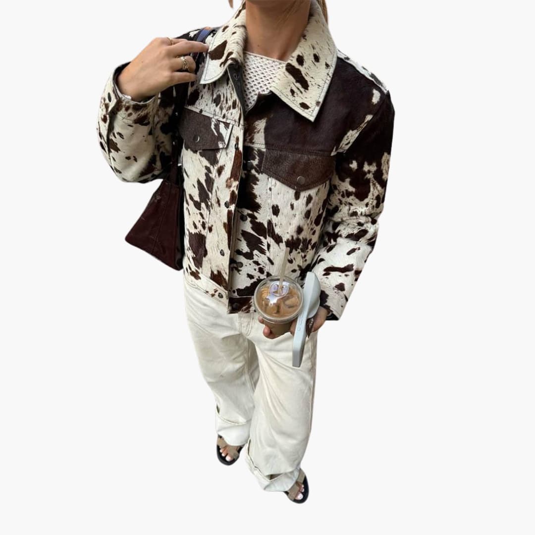 Women’s Denim Jacket with Cow Print and Button-Up Front