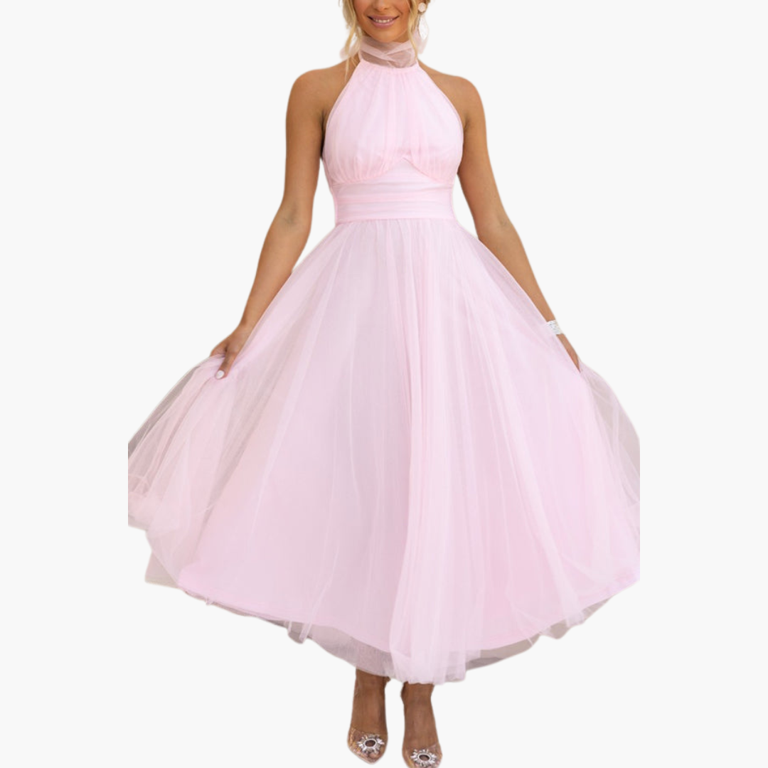 Women’s Tulle Dress with Halter Neck and Flowing Skirt