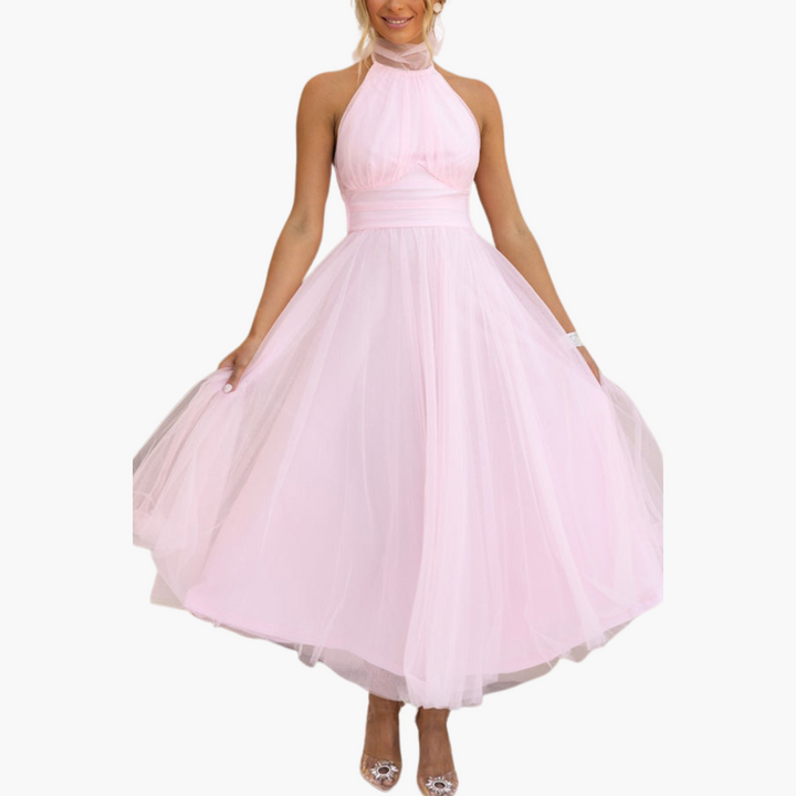 Women’s Tulle Dress with Halter Neck and Flowing Skirt