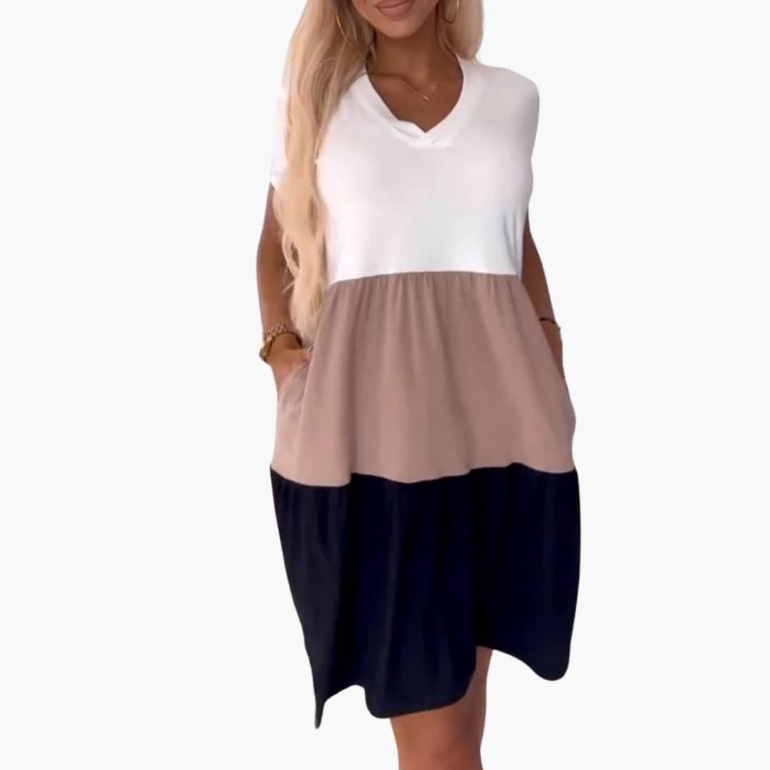 Women’s Dress with Short Sleeves and Colourblock Pattern