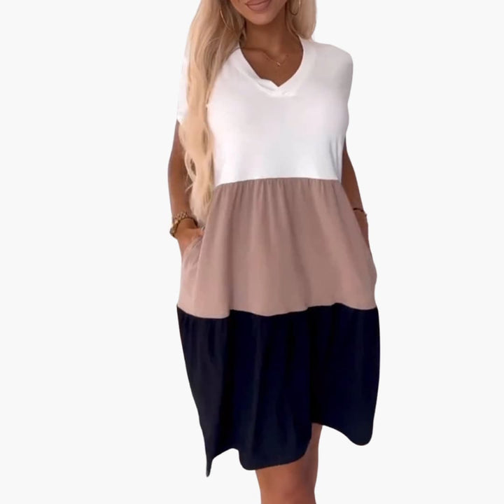 Women’s Dress with Short Sleeves and Colourblock Pattern