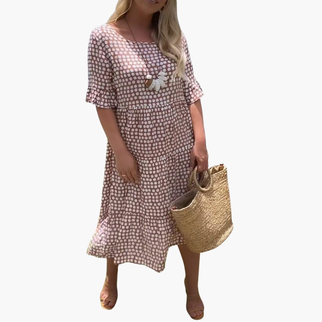 Women’s Midi Dress with Ruffled Sleeves and Tiered Design