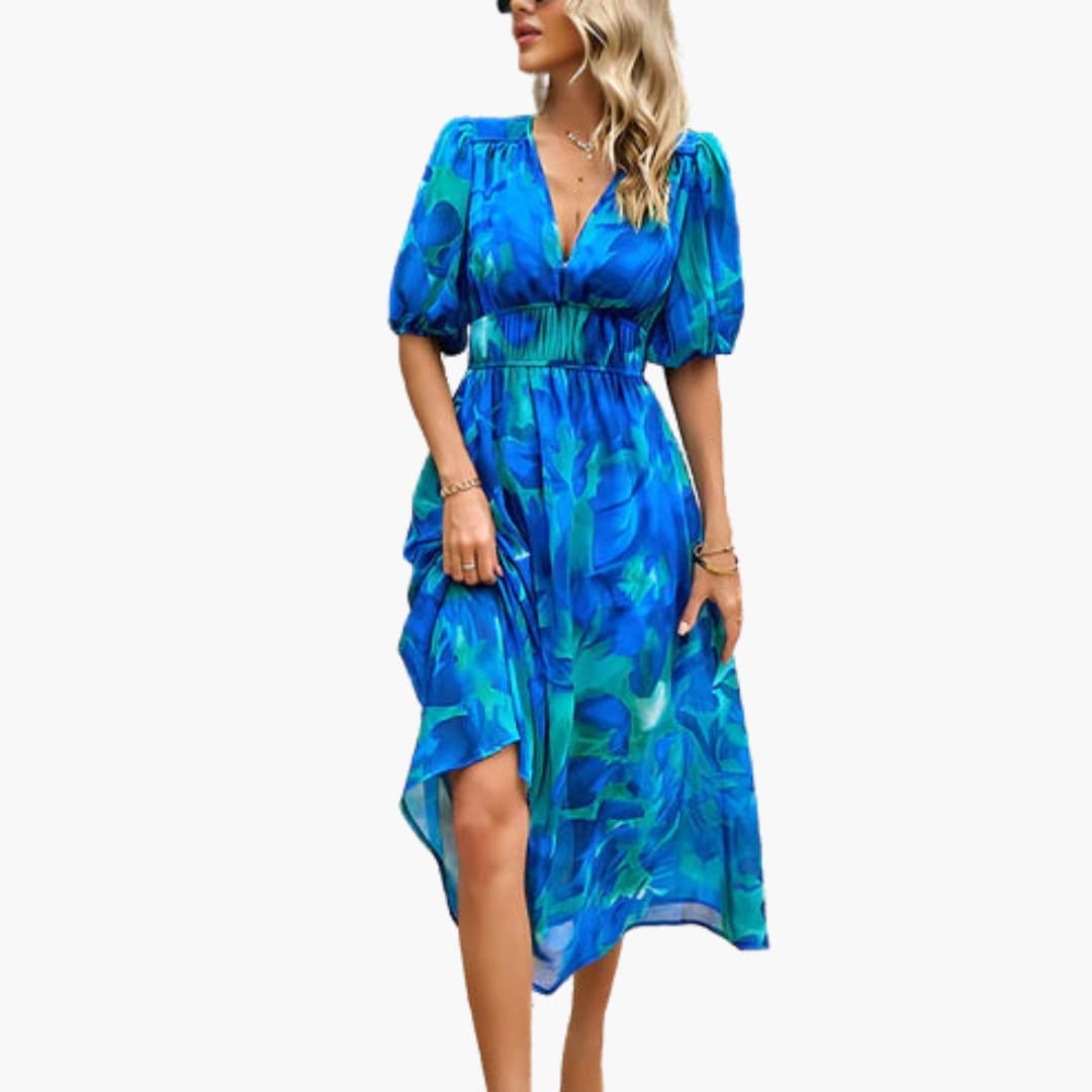 Women’s Midi Dress with Lantern Sleeves and Flared Skirt