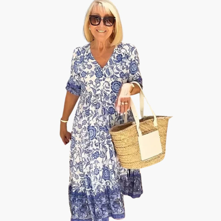 Women’s Midi Dress with V-Neck and Tiered Hem