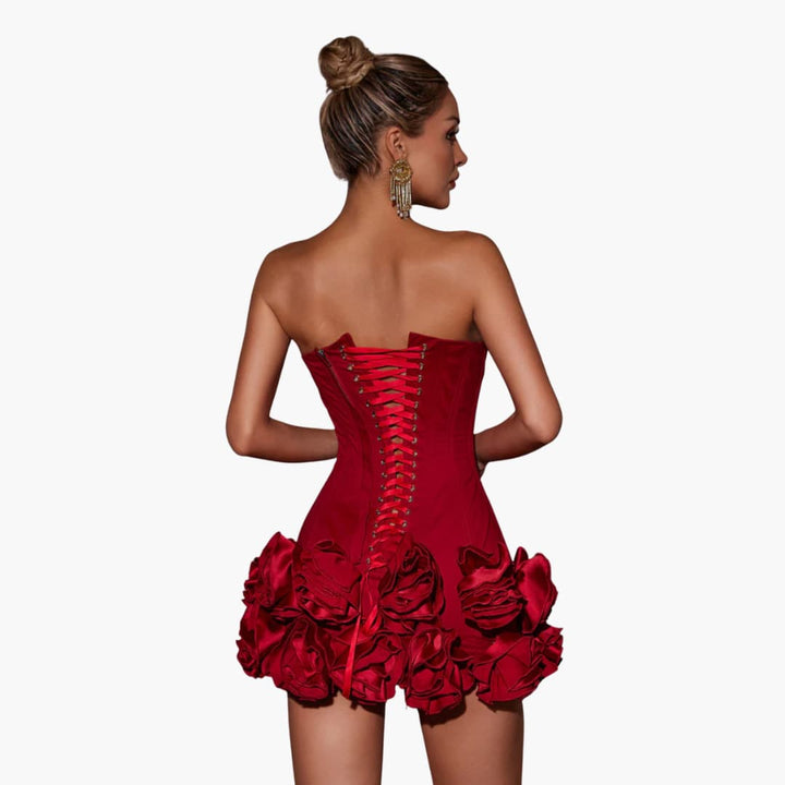 Women’s mini dress with strapless corset bodice and ruffled skirt