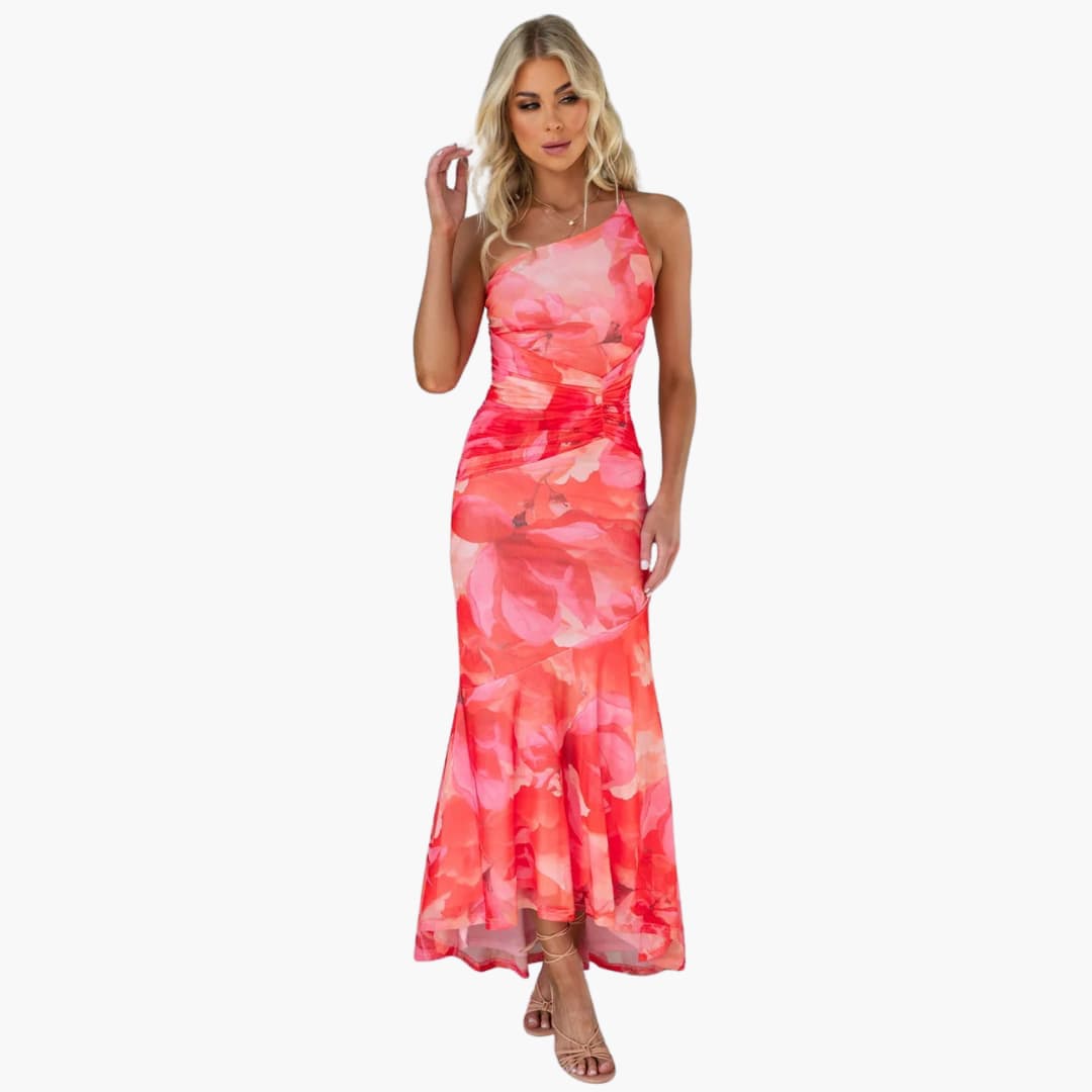 Women’s Midi Dress with Floral Print and Asymmetrical Hem