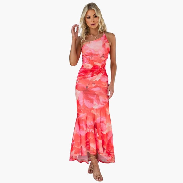 Women’s Midi Dress with Floral Print and Asymmetrical Hem