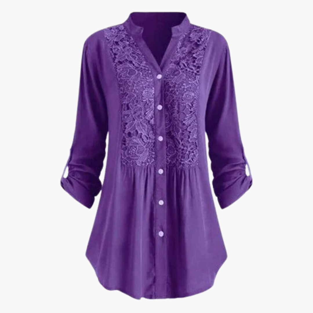 Women’s Long Blouse with Puff Sleeves and Lace Detail