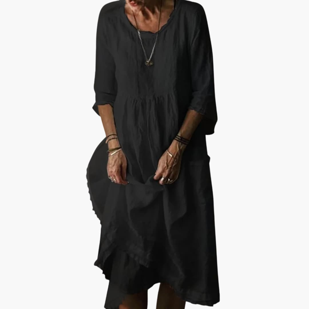 Women’s Midi Dress with Pleated Bodice and Asymmetrical Hemline