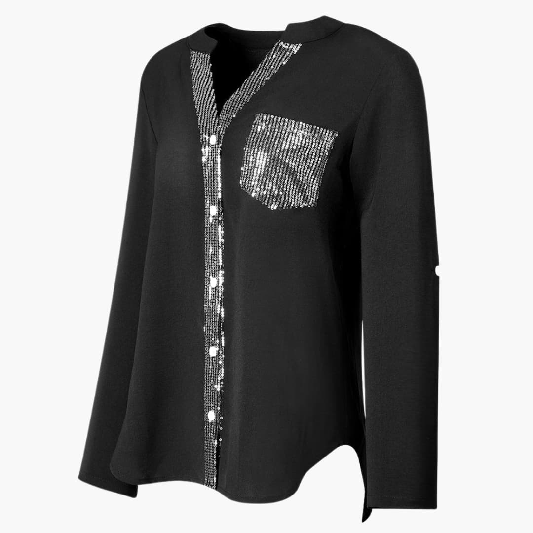 Women’s Long-Sleeve Blouse with V-Neck and Sequins