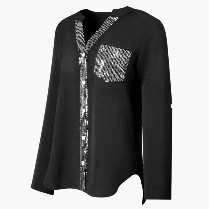 Women’s Long-Sleeve Blouse with V-Neck and Sequins