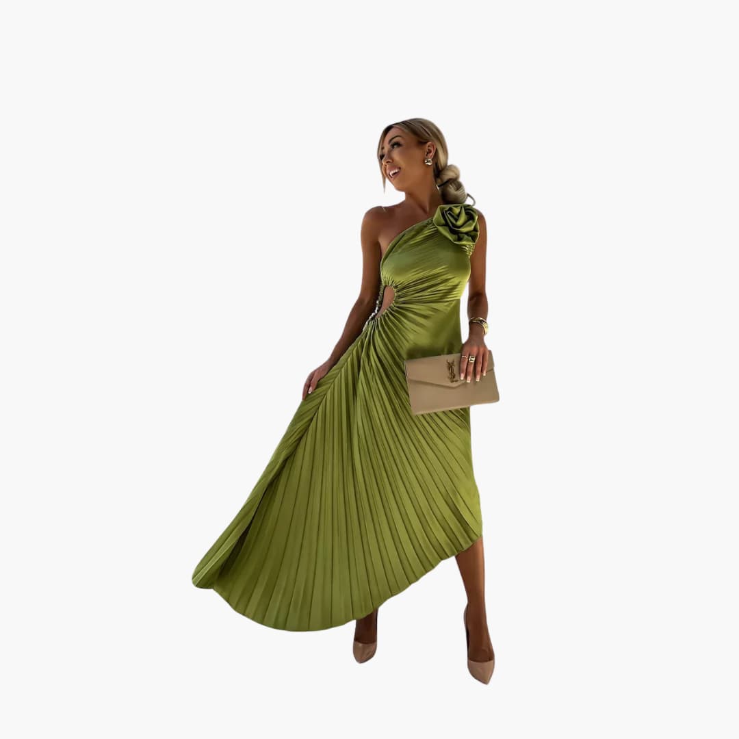 Women’s Midi Dress with Pleated Skirt and Floral Detail