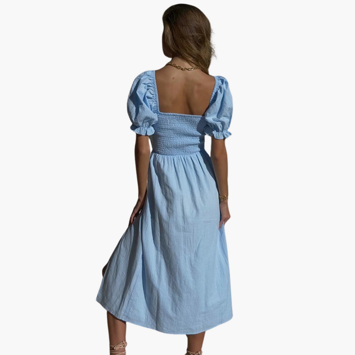 Women’s Midi Dress with Smocked Bodice and Puff Sleeves