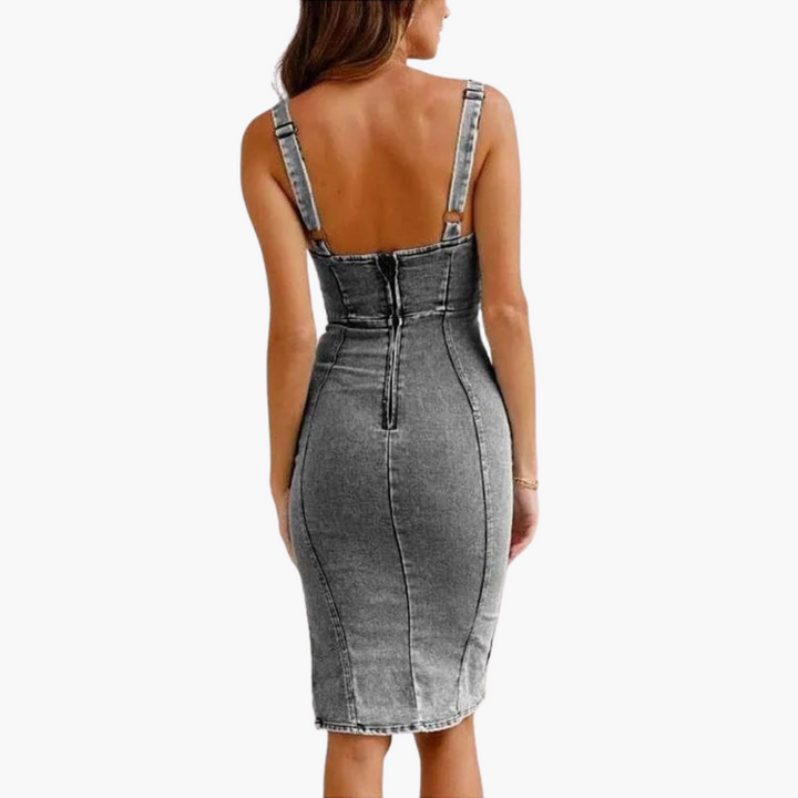 Women’s Sleeveless Denim Dress with Scoop Neckline and Side Slit