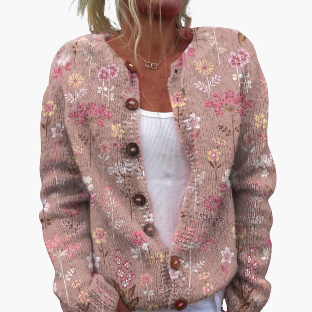 Women’s Floral Cardigan with Long Sleeves and Ribbed Hem
