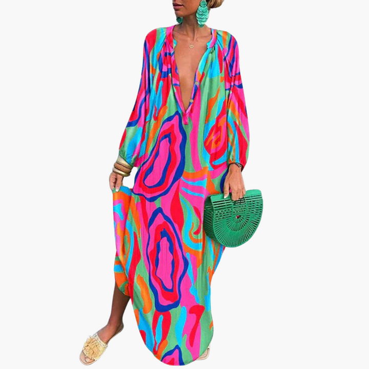 Women’s Maxi Dress with Deep V‑Neck and Long Sleeves