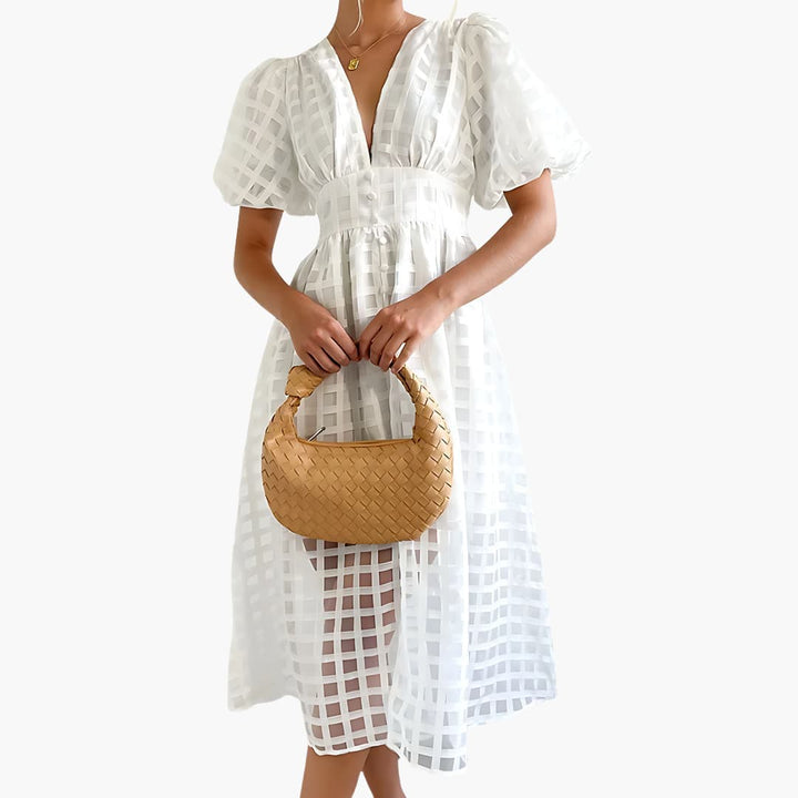 Women’s Midi Dress with Grid Overlay and Buttons