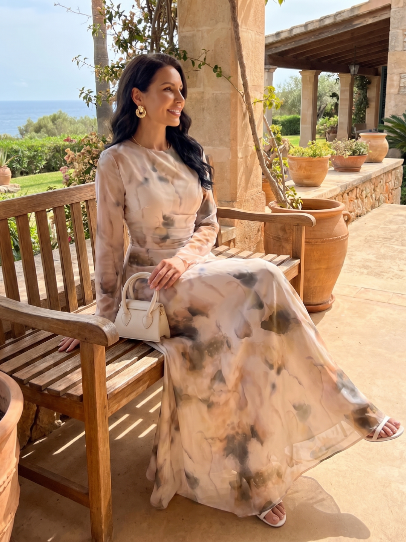 Roxana | Long Sleeve Abstract Print Waist Maxi Dress