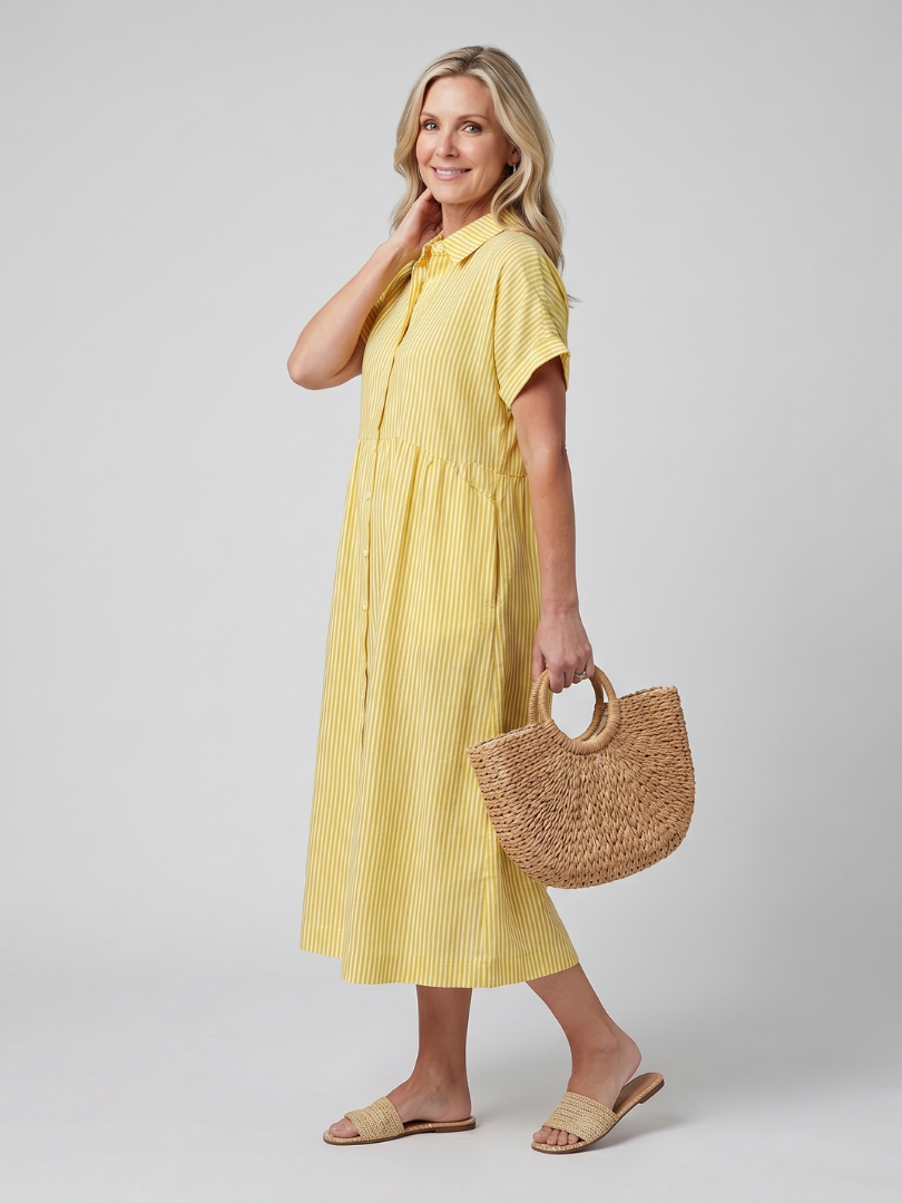 Rosamund | Short Sleeve Stripe Pattern Midi Dress