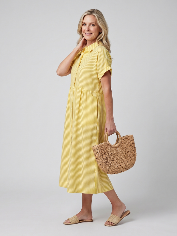 Rosamund | Short Sleeve Stripe Pattern Midi Dress