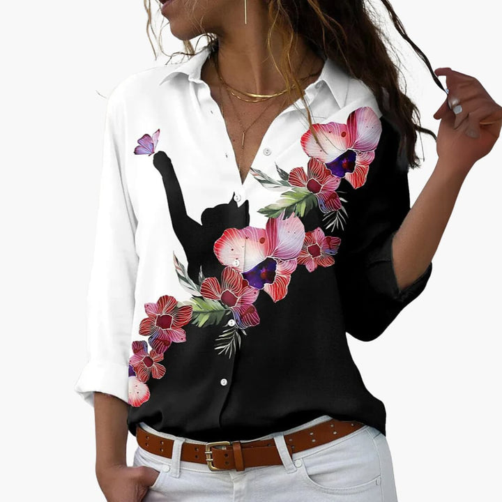 Women’s Floral and Color Block Blouse with Collar