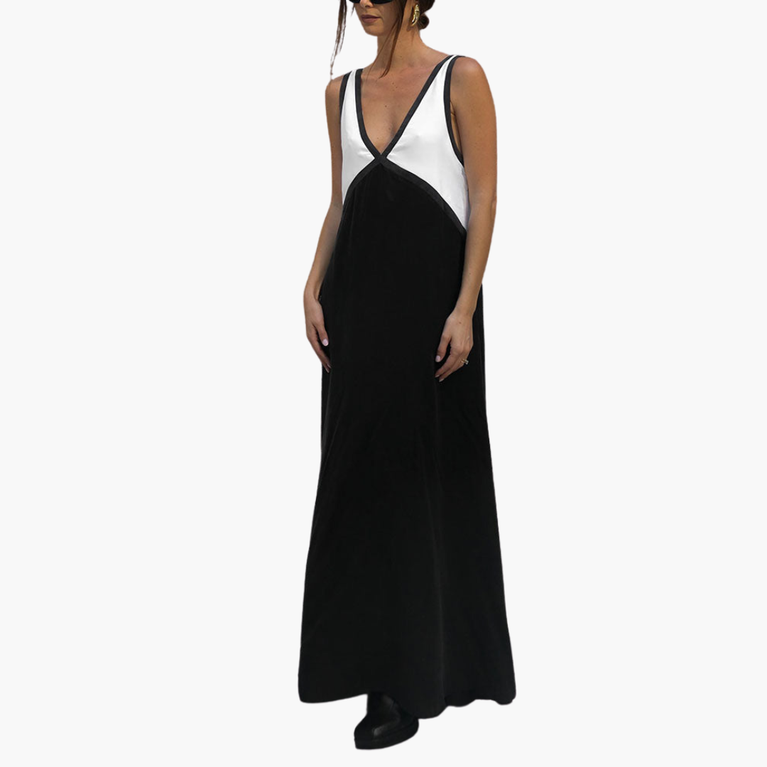 Women’s Maxi Dress with V-Neck and Color-Block Design