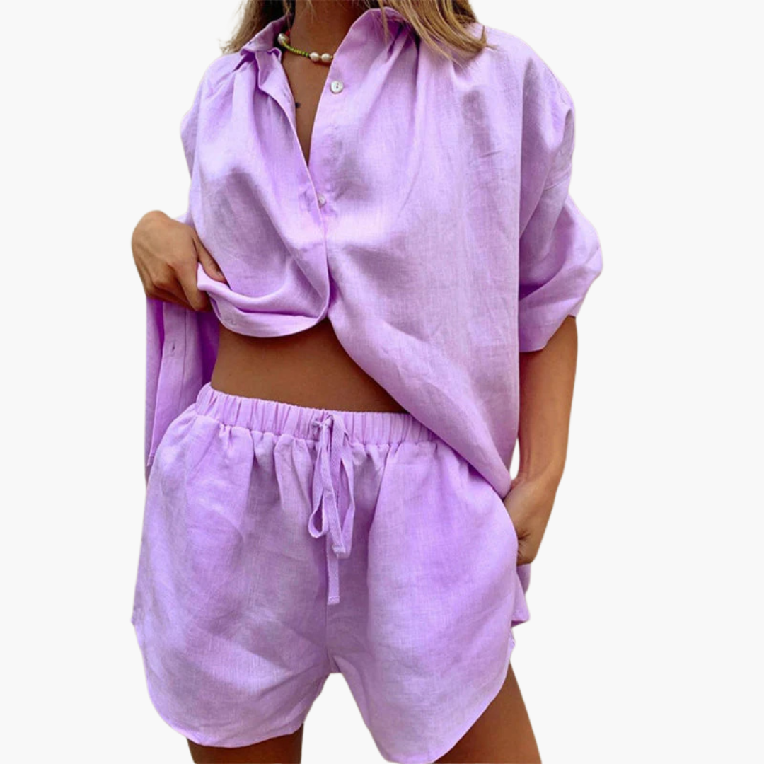 Women’s Two-Piece Set with Button Shirt and Drawstring Shorts