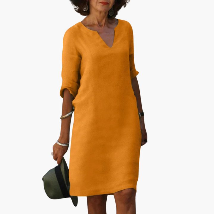Women’s V-Neck Mini Dress with 3/4 Sleeves and Tapered Waist