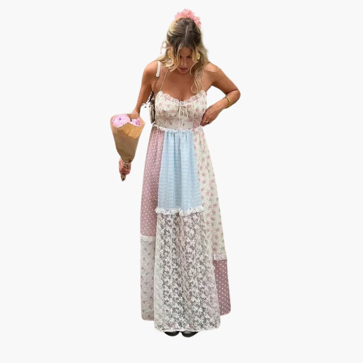 Women’s Patchwork Maxi Dress with Lace-Up Detail