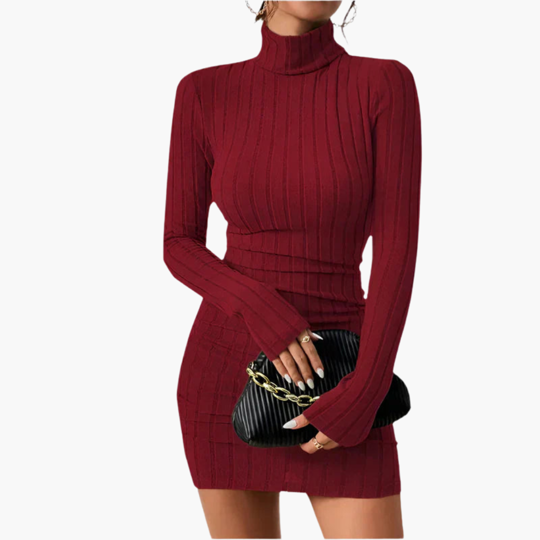 Women’s Turtleneck Dress with Ribbed Texture and Long Sleeves