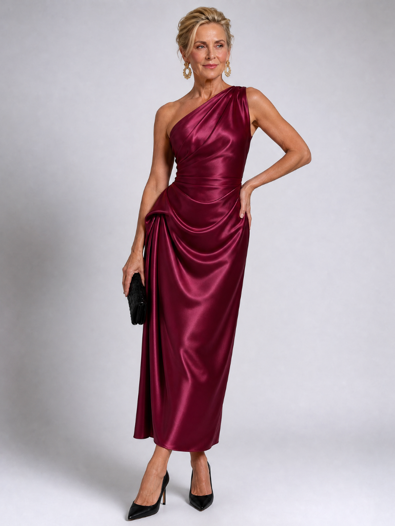 Zeima | One Shoulder Draped Satin Maxi Dress