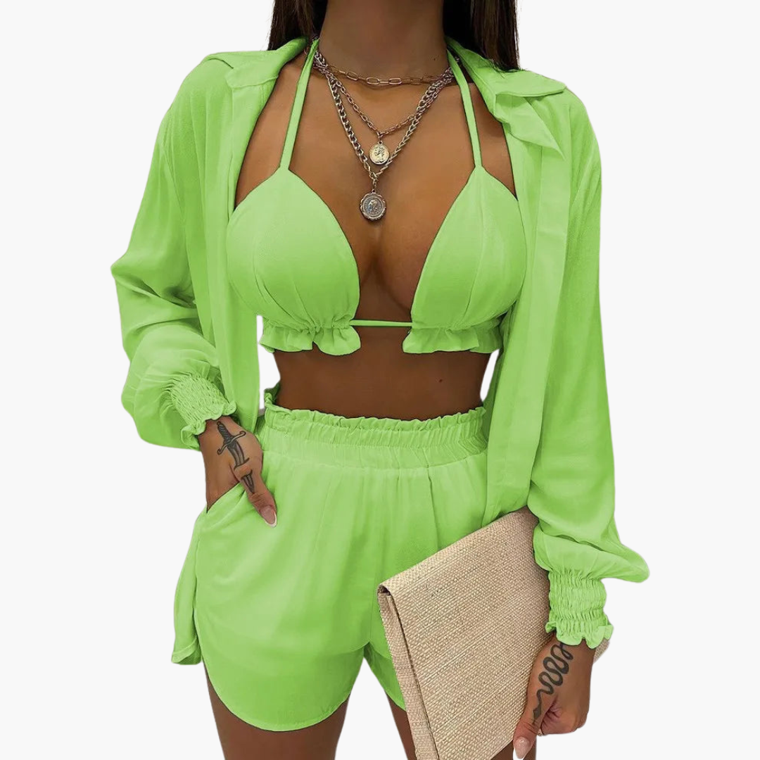 Women’s Beach Set with Ruffled Bikini Top, High-Waisted Shorts, and Cover-Up