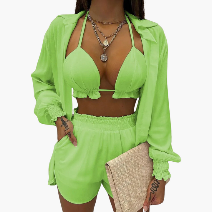 Women’s Beach Set with Ruffled Bikini Top, High-Waisted Shorts, and Cover-Up