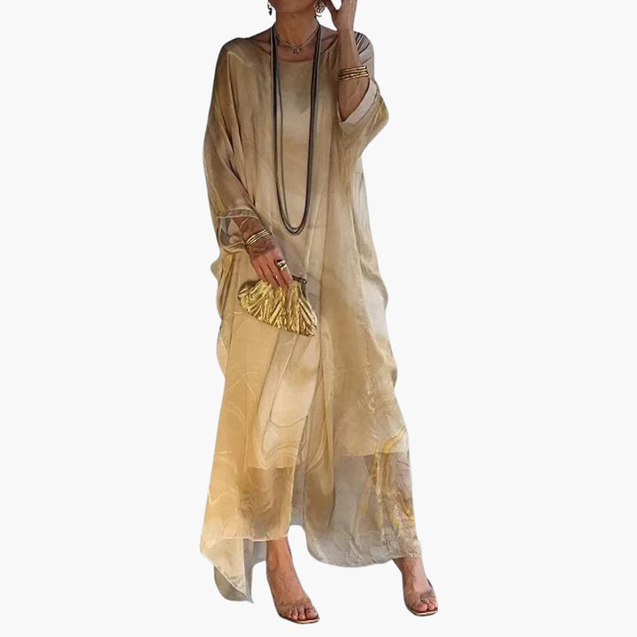Women’s Maxi Dress with Batwing Sleeves and Round Neckline