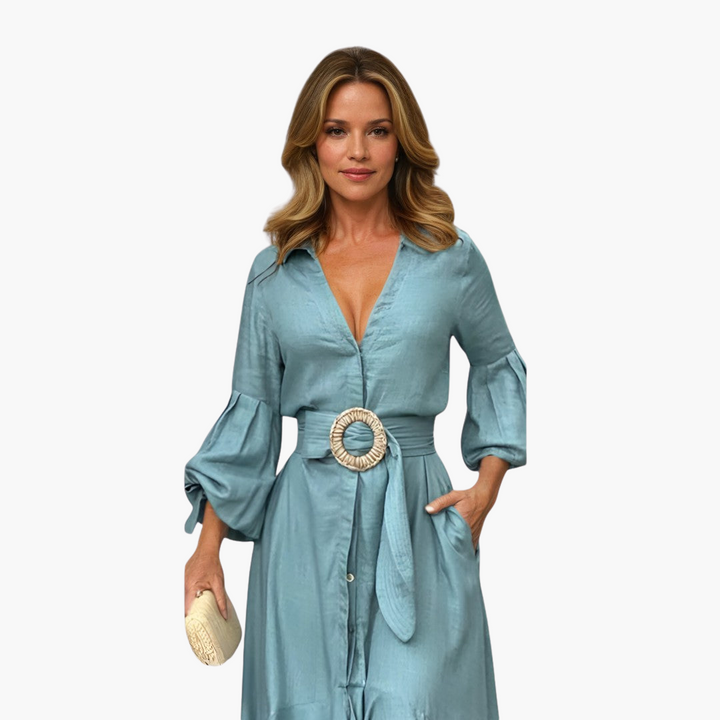 Women’s Midi Dress with Belt and Ruffle