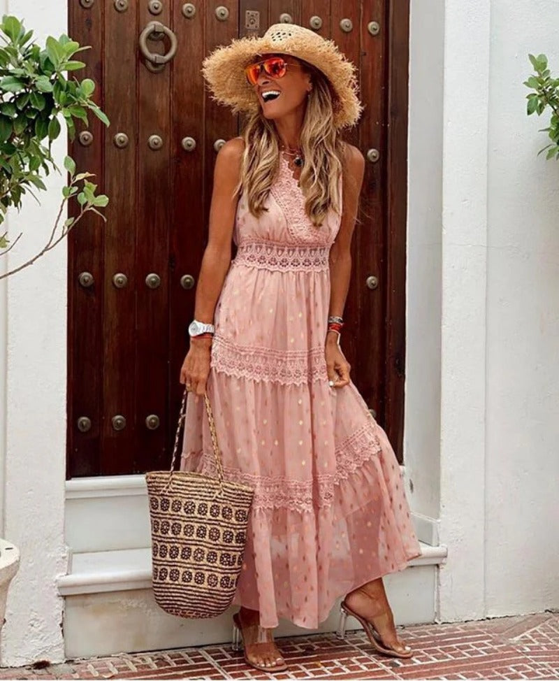 Women’s Maxi Dress with Halter Neck and Boho Prints