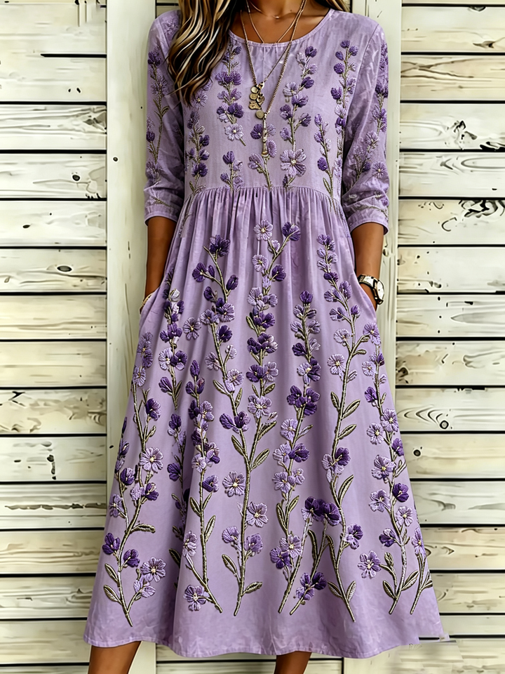 Alix | Embroidered Panel Long Sleeve Midi Dress