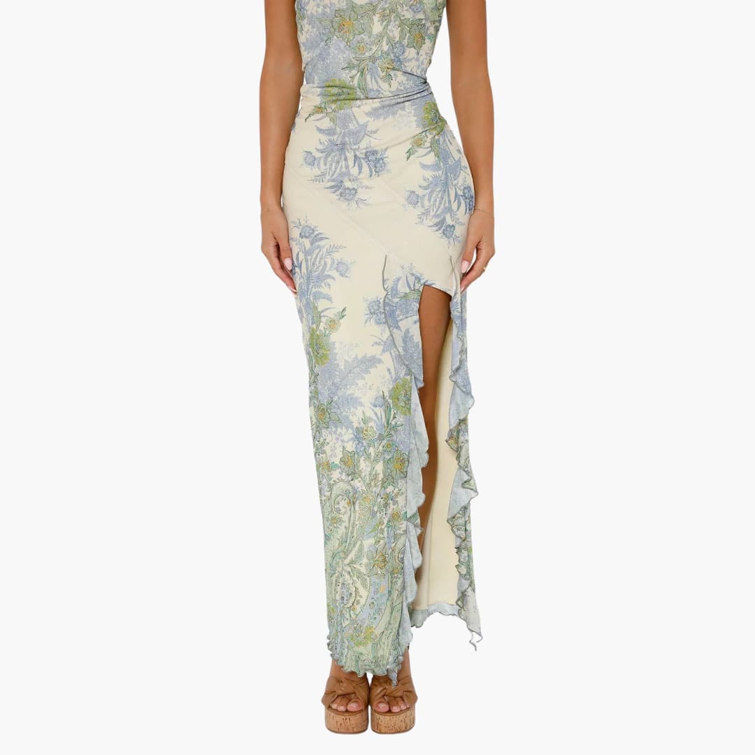 Women’s strapless maxi dress with high slit and floral print