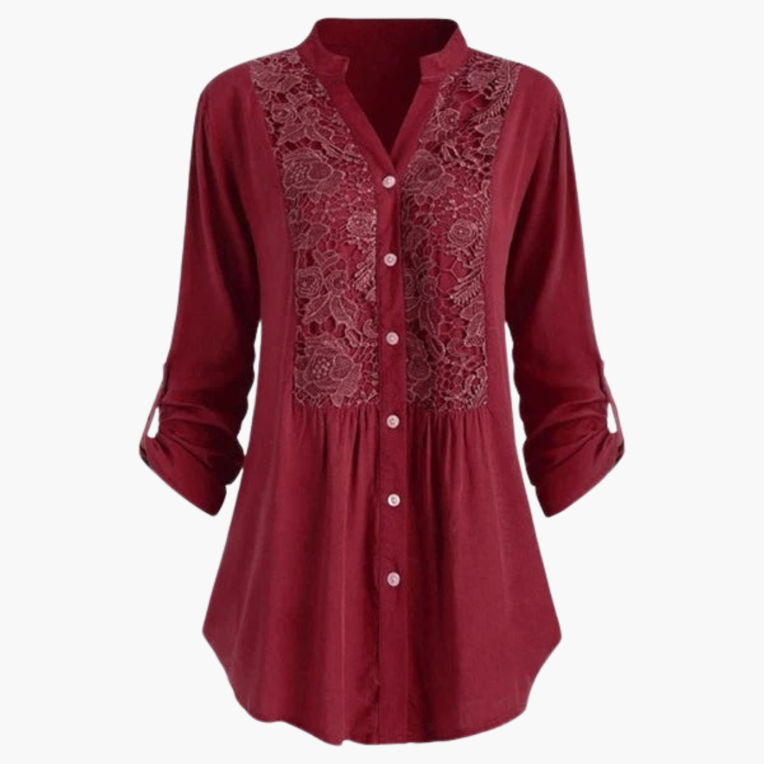 Women’s Long Blouse with Puff Sleeves and Lace Detail