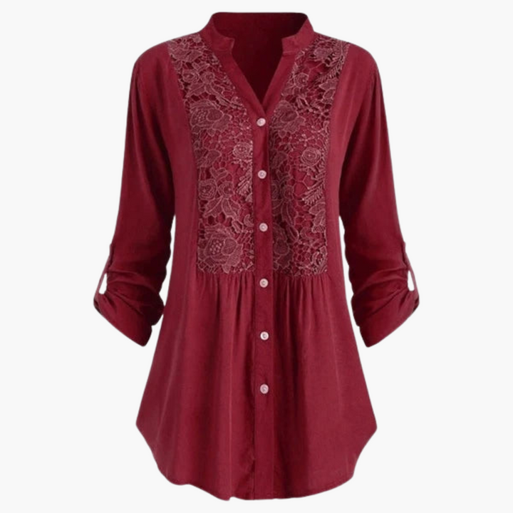 Women’s Long Blouse with Puff Sleeves and Lace Detail