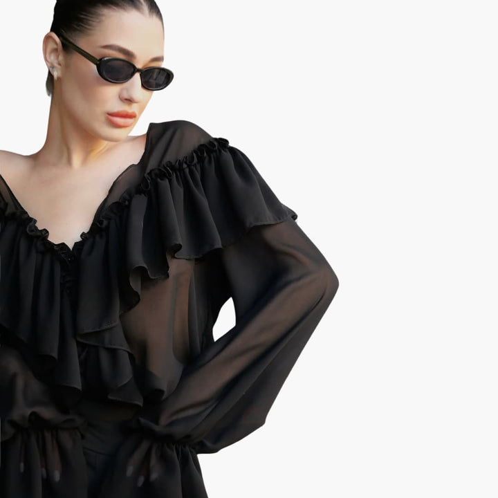 Women’s Long-Sleeve Blouse with V-Neck and Ruffles